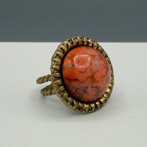Vintage M.I. West Germany Adjustable Ring Orange Art Glass Cabochon Statement